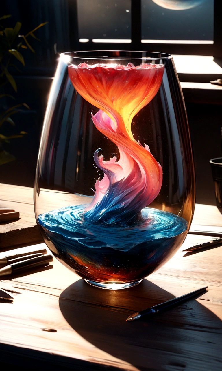 Universe in a cup, The entire universe exists inside a crystal......, Planets and galaxies in glass, Wooden dining table, Ultra-realistic, Very detailed, Dramatic lighting, 4K, Ultra HD, Realist, Bright colors, and, UHD rendering, Pen and ink, Perfect composition, beautifully、Exquisitely crafted、Incredibly Detailed Octane Trends on Art Station, 8k art photography, Arte conceptual fotorRealist, Perfect cinematic lighting and soft, Natural volume