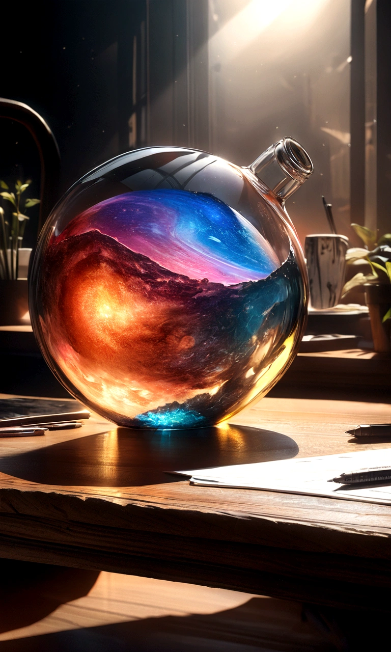 Universe in a cup, The entire universe exists inside a crystal......, Planets and galaxies in glass, Wooden dining table, Ultra-realistic, Very detailed, Dramatic lighting, 4K, Ultra HD, Realist, Bright colors, and, UHD rendering, Pen and ink, Perfect composition, beautifully、Exquisitely crafted、Incredibly Detailed Octane Trends on Art Station, 8k art photography, Arte conceptual fotorRealist, Perfect cinematic lighting and soft, Natural volume