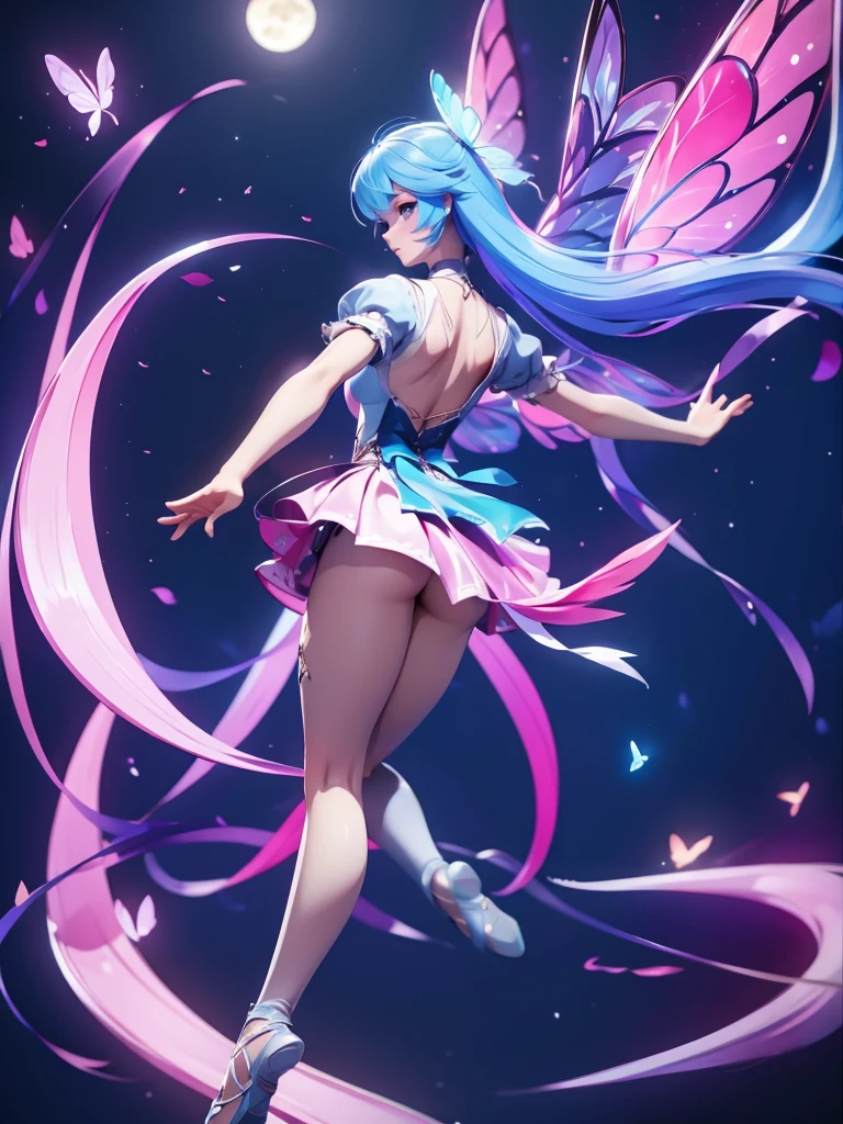 Seizo Watase style, Simple Line Initialism,Abstract art, 3d character, colorful hearts ,(((The most beautiful girl of all time))), (full body 1.2), only girl, long hair, bufferfly and sky background, 20 year old, full body, (((8k))), (((3d)), blue and pink hair, Large butterfly wings on the back, moon, look from back, ballet dance