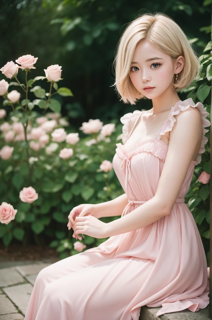 8K, CRU photo, Fujifilm, style photo of a beautiful young woman like Avril in a light pink rose garden (highly detailed skin: 1.2) Style-Petal BREAK short hair, blonde hair with colored highlights, wearing a dress, film grain, 35mm, cute style