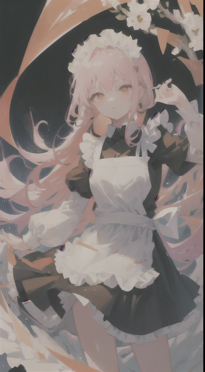 Quan Avatar Style, pale pink hair, long hair, tousled hair, black outfit, maid's apron, Medium breasts, (((shows panties, lifts up her dress))), (((maid outfit))), orange eyes, (((blush))), navel, (((Black onion))), embarrassed, lace panties, white panties, white stockings, gradient background, red background, soft skin, soft style, gentle style, soft skin