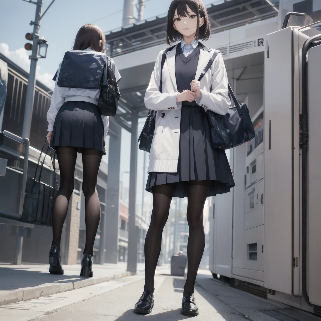 Man standing next to a train々Group of, photograph, Umeo Kenei Toshi, tumbler, Wearing skirts and pantyhose, school bag, hidden camerphotograph, Sexy Style, White jacket,  Blurry, Two Women, dark blue, fart, Align Right, Runway, Asian, photograph, Alliance, Atmospheric、Flip up the skirt