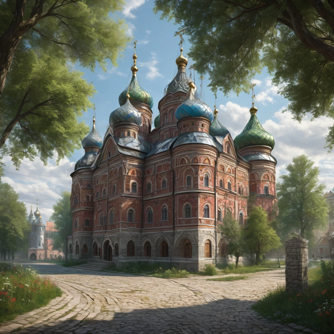 ((best quality)), ((masterpiece)), ((realistic,digital art)), (hyper detailed), (slavic ambassy), ground view, (medieval russian style)