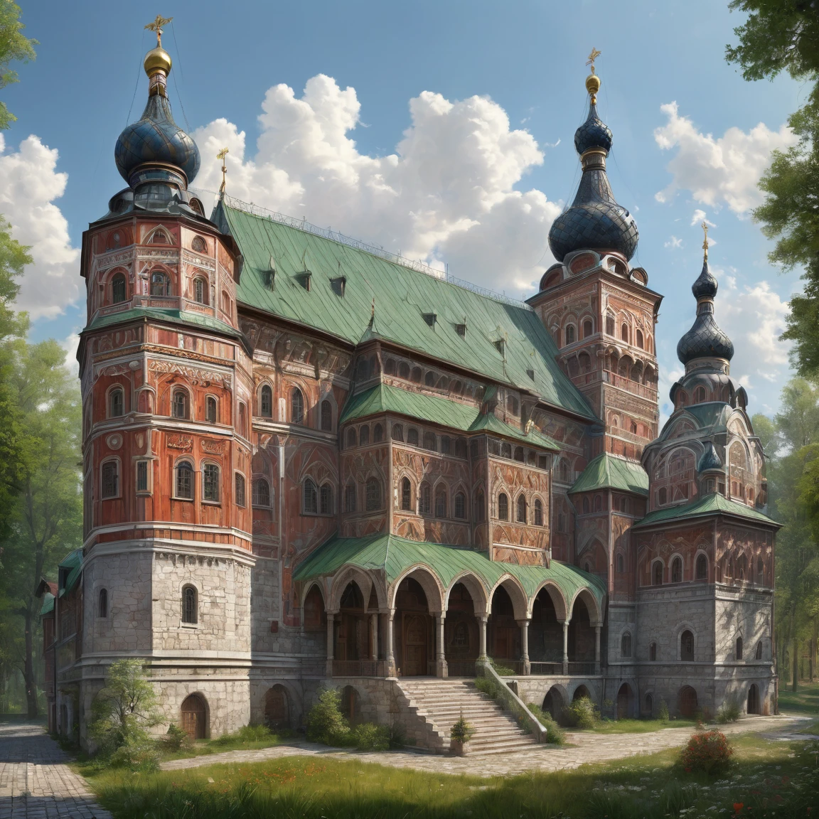 ((best quality)), ((masterpiece)), ((realistic,digital art)), (hyper detailed), (slavic ambassy), ground view, (medieval russian style)