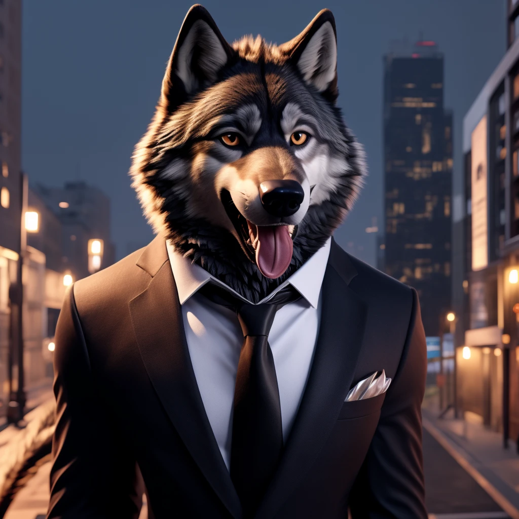 Posing, Male, 30 years old, happy, mouth open with tongue hanging out, black suit with red tie, anthro, wolf ears, (black fur:1.5), wolf, city background, 8k, hi res, (best quality, masterpiece), (wolf tail:1.5), detailed fur, solo, looking at camera, night, 