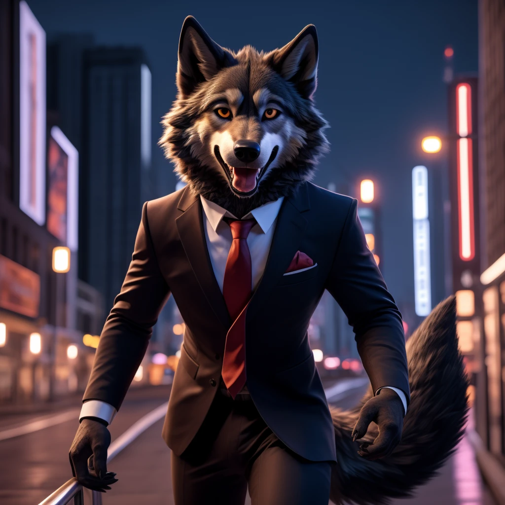 Posing, Male, 30 years old, happy, mouth open with tongue hanging out, black suit with red tie, anthro, wolf ears, (black fur:1.5), wolf, city background, 8k, hi res, (best quality, masterpiece), (wolf tail:1.5), detailed fur, solo, looking at camera, night,