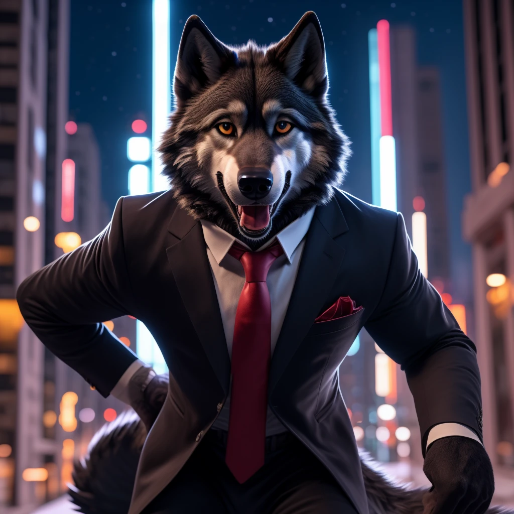 Posing, Male, 30 years old, happy, mouth open with tongue hanging out, black suit with red tie, anthro, wolf ears, (black fur:1.5), wolf, city background, 8k, hi res, (best quality, masterpiece), (wolf tail:1.5), detailed fur, solo, looking at camera, night,