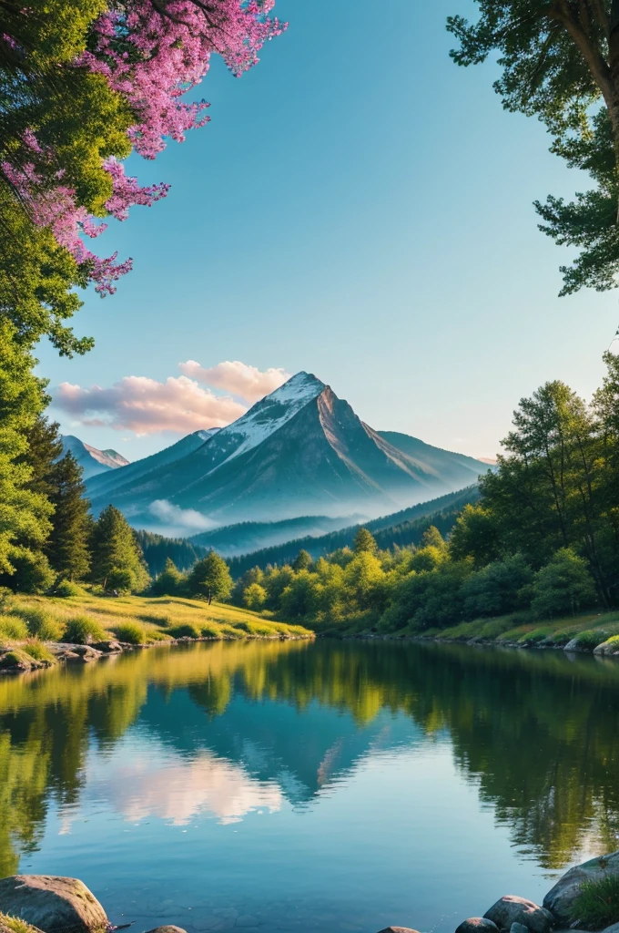 Illustrate a serene peaceful nature scene in summer is scene inspires peace, awe, and tranquility. Vivid beautiful colors. photorealistic 8k, mountain, add 18 year old boy