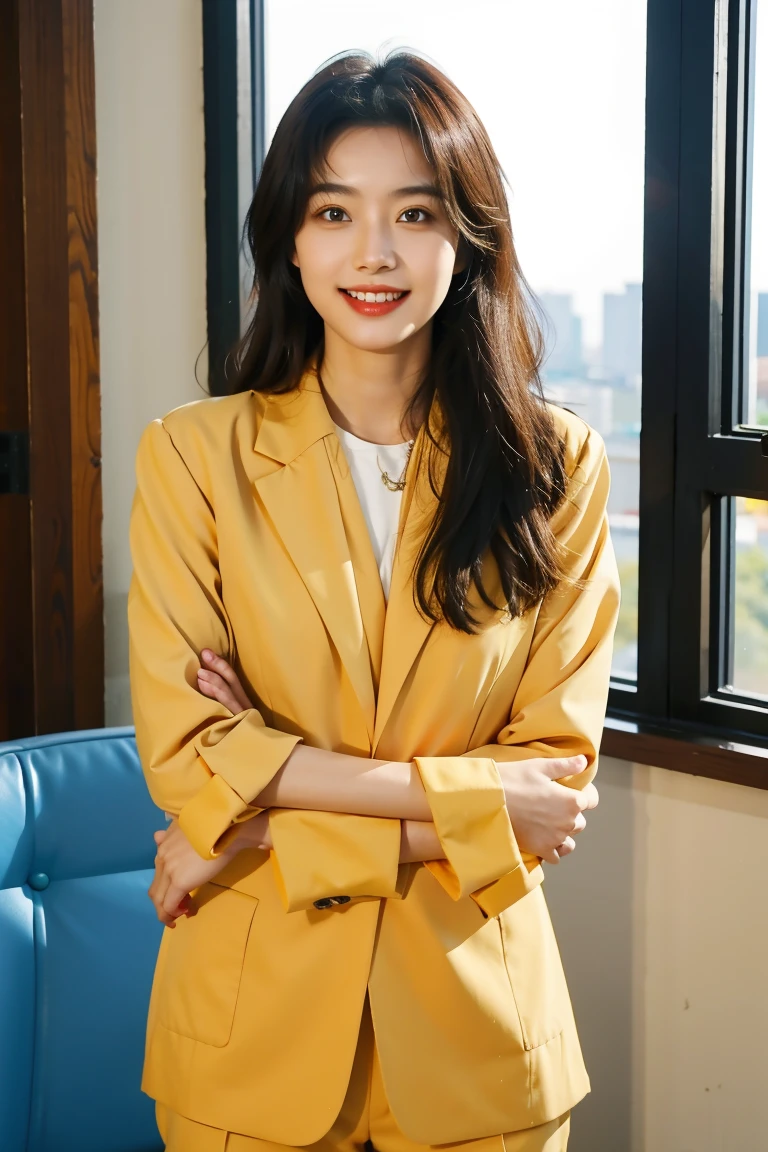Woman in her early 20s,alone, Natural smile with visible teeth, office lady, business suit , Guide the side with your palm, View your viewers
