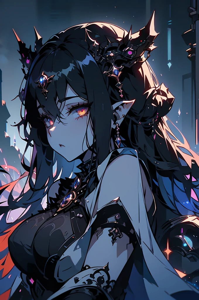 A hauntingly alluring elf with cybernetic enhancements, her delicate features enhanced by dark, shimmering metallic protrusions and glowing neon accents woven into her flowing hair. This concept art depicts her standing amidst a barren wasteland, her piercing eyes gazing into a distant horizon. The image is a digitally-rendered painting, brimming with intricate details and vibrant colors that pop against the stark background. The level of detail and the blend of futuristic and fantastical elements make this artwork a visually striking masterpiece, inviting viewers to immerse themselves in the mysterious world of this augmented elf.