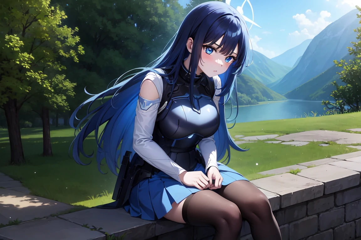 1girl,solo, saorijoumae, saori joumae, blue eyes, blue hair, halo, long hair, sitting, looking at viewer, adventurer clothes, light armor, outdoors, upper body