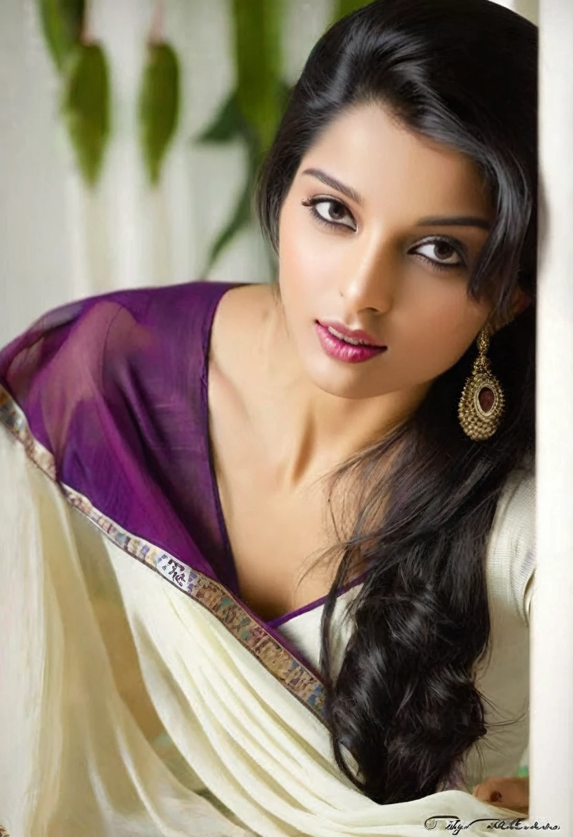 A hot Indian girl slim sexy body very beautiful sharp jawline, purple eyes, white skin tone,lite red lips (hourglass figure) wear white traditional saree hands up and giving a hot style 