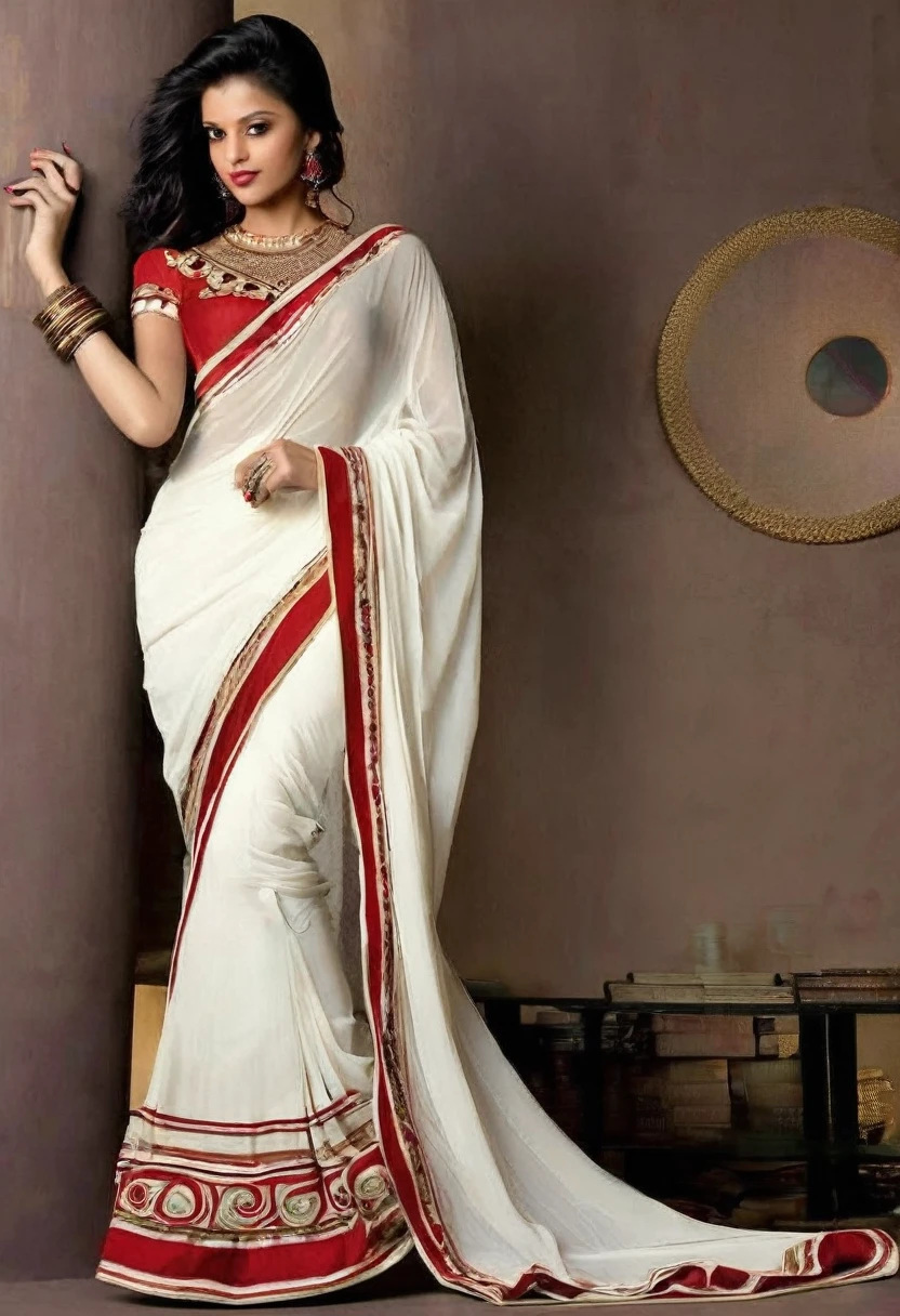 A hot Indian girl slim sexy body very beautiful sharp jawline, purple eyes, white skin tone,lite red lips (hourglass figure) wear white traditional saree hands up and giving a hot style