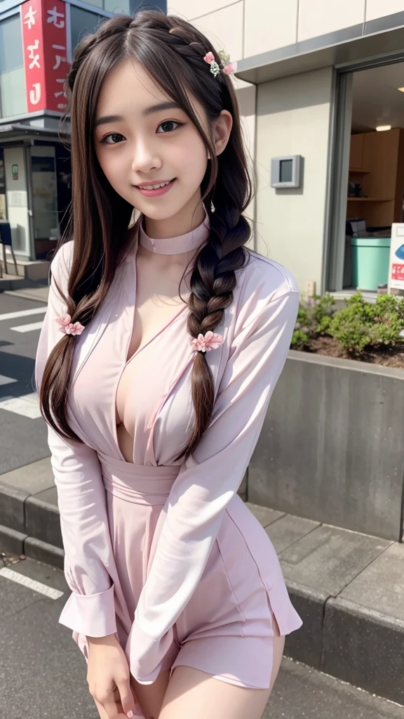 Raw photo、Ultra-realistic、Ultra detailed face、Detail lips、Detailed eyes、High school girl smiling showing her teeth、Long Hair:1.1、chest、Visible curves、Laughing with your mouth open 、Tokyo city角、 Whole body、( Slender body)、(Long Hair)、Big Breasts、Idol、(pastel colour)、18-year-old、Small face、Braid、 Tokyo city、Long beautiful legs 1.2、Curved waist、flower、uniform、blouse、Wide forehead