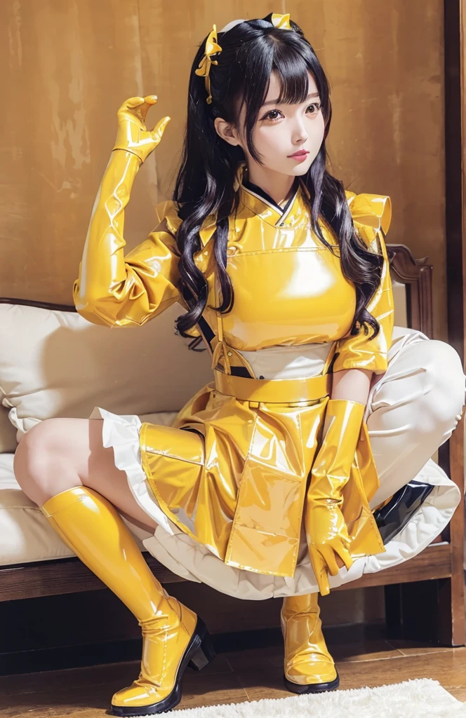 Portrait、(masterpiece,Highest quality,Ultra-high resolution),Japanese women, (((Very beautiful 25 year old girl))),(Yellow latex maid outfit)、(Yellow latex long skirt)、Yellow latex long gloves、Yellow latex socks、Latex is very shiny、Dark Room、