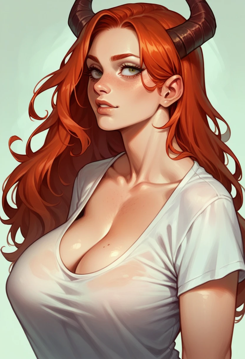 Very detailed, Seductive erotic woman with horns, A shirt that fits snugly against the skin, (Big Breasts, My chest is so big that it tears my shirt, Redhead), Focus on the face, Focus on the face, Complex eyes,