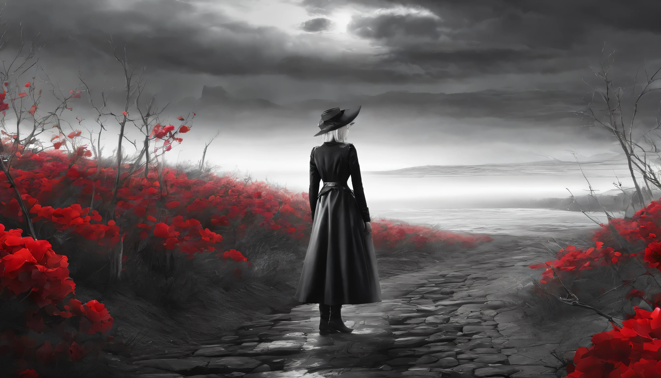 A maid dressed in a black and white Gothic maid costume walks down the path,She is surrounded by a sea of red flowers,She held an umbrella,Back shadow,It shows a visual impact,It makes people feel hopeless and lonely,The sky was filled with gray mist,