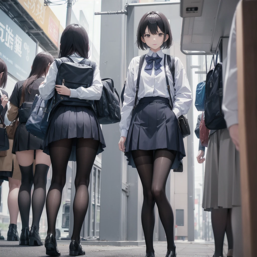 Man standing next to a train々Group of, photograph, Umeo Kenei Toshi, tumbler, Wearing skirts and pantyhose, school bag, hidden camerphotograph, Sexy Style, White jacket, Blurry, Two Women, dark blue, fart, Align Right, Runway, Asian, photograph, Alliance, Atmospheric、Flip up the skirt、Skirt lining