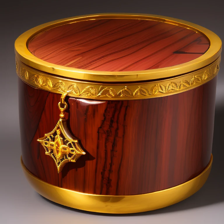 an exquisite and luxurious container, crafted from polished rosewood and adorned with intricate gold filigree depicting motifs of fashion, elegance, and beauty.