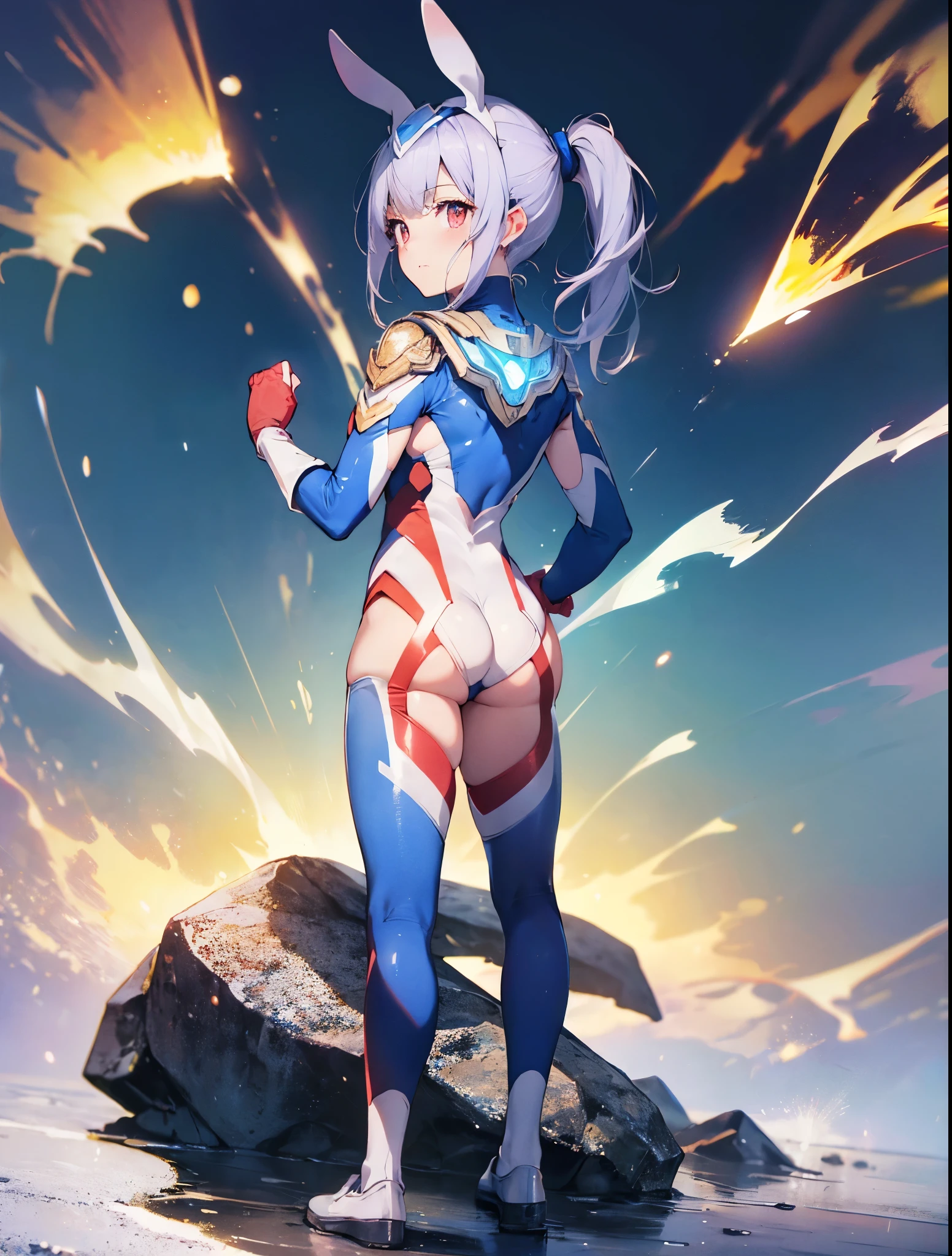 (Close-up:1.3),Realistic,Highest quality, Ultra Detail, High-quality CG rendering, The most delicate and beautiful, Floating softly, High resolution, (1 girl), (Highest quality,4K,8K,masterpiece:1.2) ,Light purple hair,Rabbit,Bunny ears,ponytail,Red eyes,(Ultra Girl:1.0),(All blue Ultraman bodysuit:1.4),(All blue gloves:1.3),(All blue shoes:1.3), (Clenched Fist:1.2),(Turn your back to your audience:1.3),Butt
