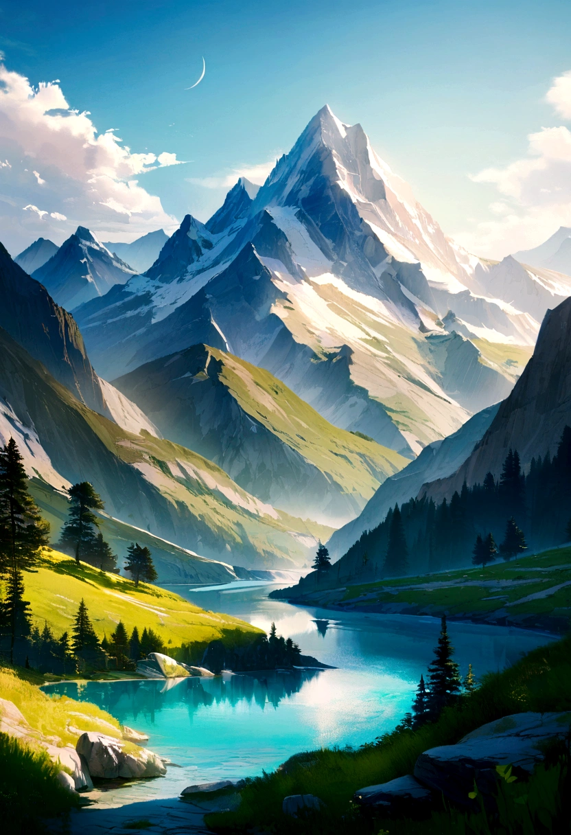 Illustrate a serene peaceful nature scene in summer is scene inspires peace, awe, and tranquility. Vivid beautiful colors. photorealistic 8k, mountain, add 18 year old boy