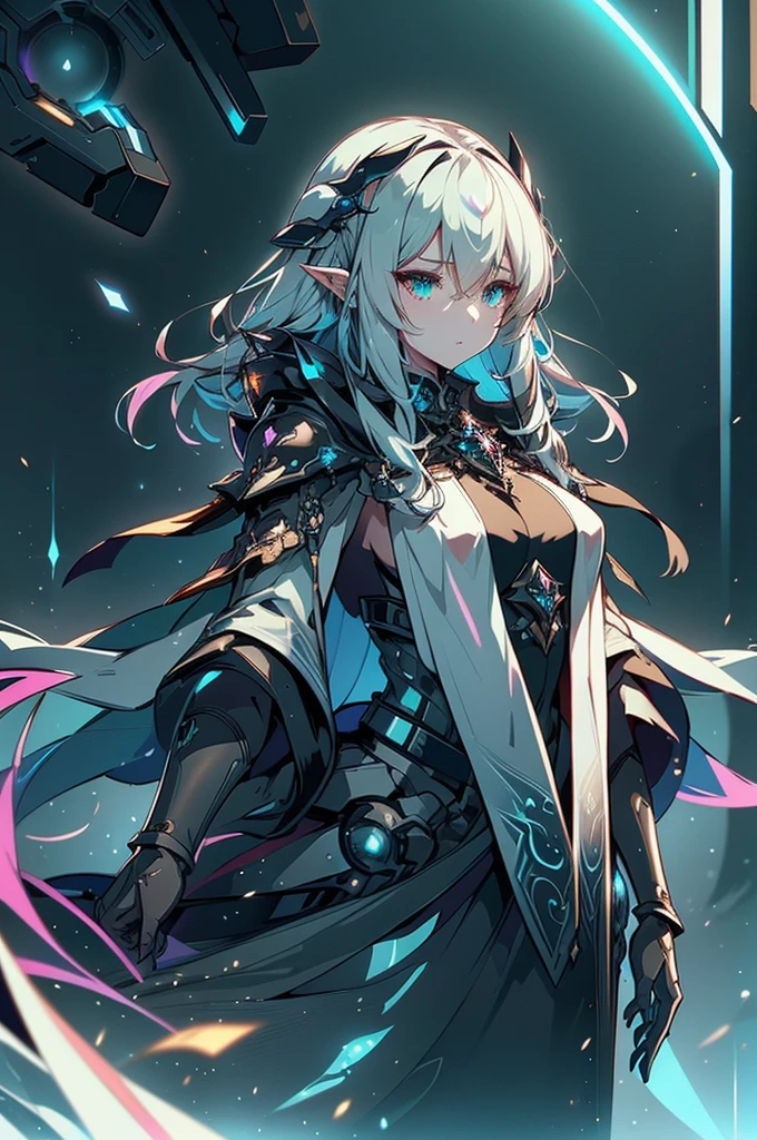 A hauntingly alluring elf with cybernetic enhancements, her delicate features enhanced by dark, shimmering metallic protrusions and glowing neon accents woven into her flowing hair. This concept art depicts her standing amidst a barren wasteland, her piercing eyes gazing into a distant horizon. The image is a digitally-rendered painting, brimming with intricate details and vibrant colors that pop against the stark background. The level of detail and the blend of futuristic and fantastical elements make this artwork a visually striking masterpiece, inviting viewers to immerse themselves in the mysterious world of this augmented elf.