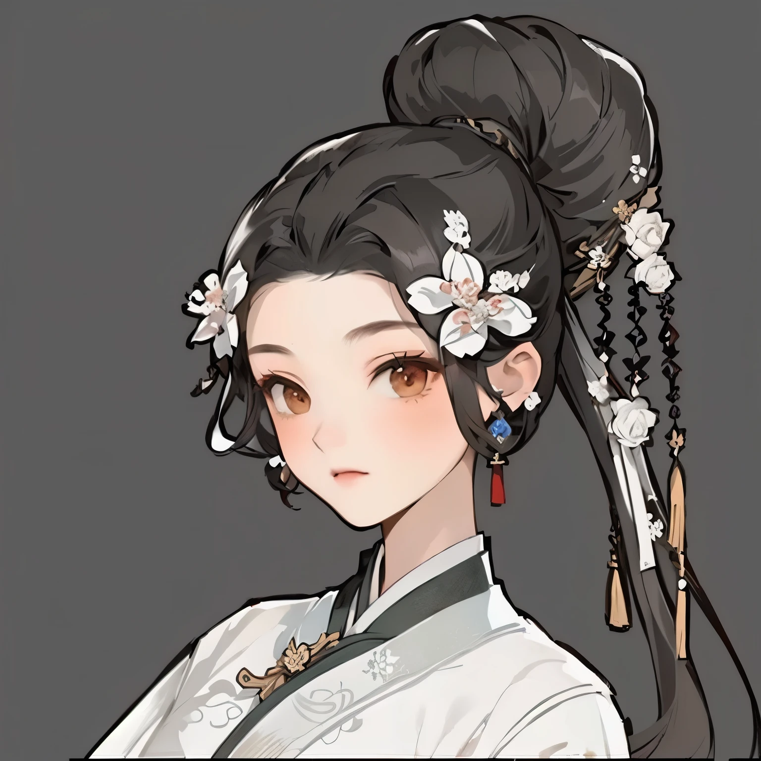 A painting，There is a long-haired woman in the painting，Wearing a flower on the head, yun ling, palace ， Girl wearing Hanfu, heise jinyao, Onmyoji Portrait, White Hanfu, heise-lian yan fang, Inspired by Chen Daofu, Inspired by Ma Yuanyu, White Ji haircut, g liulian art style