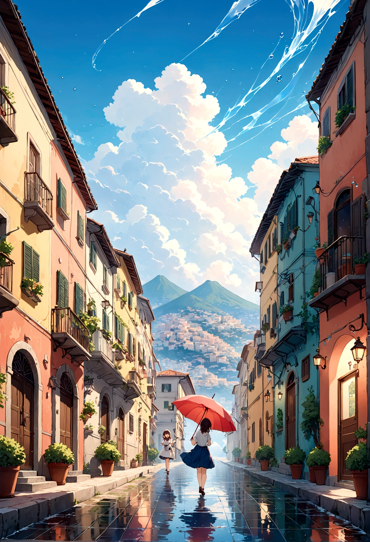 cuteイラスト: landscape,Street corner on a rainy day,絵本に出てくるようなlandscape,Emotional,Girl is walking,break,(Girl with an umbrella),umbrella,Anatomically correct,break,Create an artistic background,Add a drop pattern to the background,The streets are colorful, Fairytale-like,This is a cute illustration like a dream.,Blur the lines of the water droplets to create an artistic look.,Intricate details,Wide range of colors,artwork,rendering,(masterpiece:1.3),(Highest quality:1.4),(Very detailedな:1.5),High resolution,Very detailed,unity 8k wallpaper,Structurally correct,cute,Naples