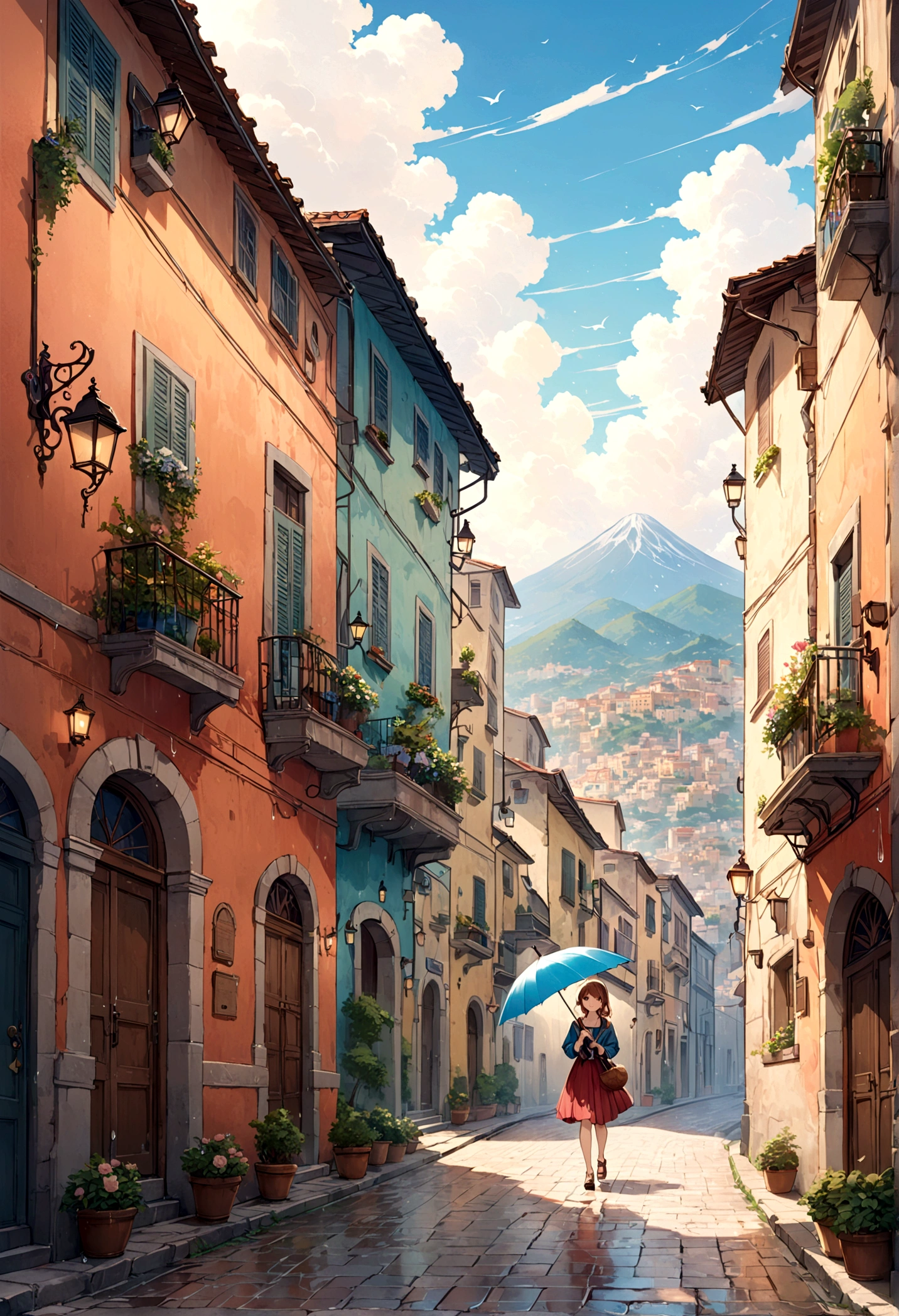 cuteイラスト: landscape,Street corner on a rainy day,絵本に出てくるようなlandscape,Emotional,Girl is walking,break,(Girl with an umbrella),umbrella,Anatomically correct,break,Create an artistic background,Add a drop pattern to the background,The streets are colorful, Fairytale-like,This is a cute illustration like a dream.,Blur the lines of the water droplets to create an artistic look.,Intricate details,Wide range of colors,artwork,rendering,(masterpiece:1.3),(Highest quality:1.4),(Very detailedな:1.5),High resolution,Very detailed,unity 8k wallpaper,Structurally correct,cute,Naples