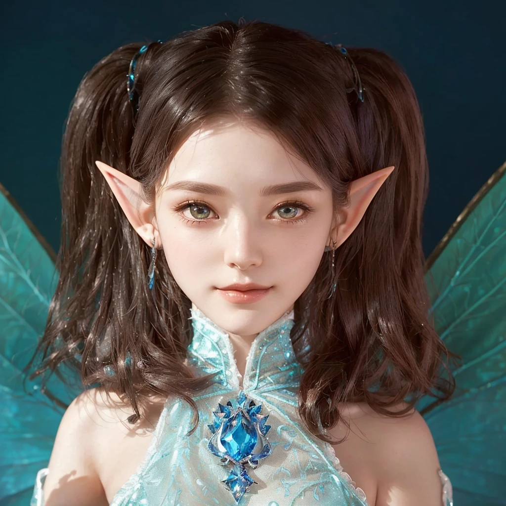 Close up of woman in fairy costume and blue dress, Highly detailed fantasy character, Brunette elf with fairy wings, Smirking elf character, elf girl, Pixie Character, Female elves, Lineage 2 Revolution Style, elf princess, Portrait of an elf, Highly detailed characters, 매우 아름다운 Portrait of an elf, portrait of a fairy, elf beauty