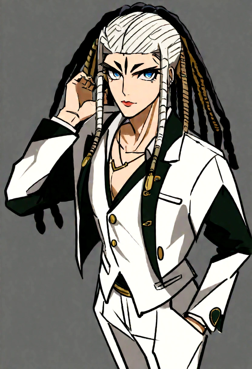 Jovem de pele escura com olhos azuis e jaqueta preta, Dreadlocks azuis claros, Estilo Dreadlock Cheveux, em estilo anime, colorful sketch, conceito de personagem irrealista, Retrato do conceito do personagem de mim, retrato detalhado do caractere, Personagem estilo anime, Retrato estilo anime, Um retrato de personagem, cel - estilo de arte sombreado, Sua roupa consiste em um preto, Unbuttoned blazer with gold buttons on the front of the blazer and the bottom of the sleeves and he wears a white V-neck shirt, white trousers, um grande cinto preto com uma fivela de ouro, um cinto preto menor pendurado na lateral do quadril, e um sapato bege com fivelas pretas, inspiré par King of Fighters