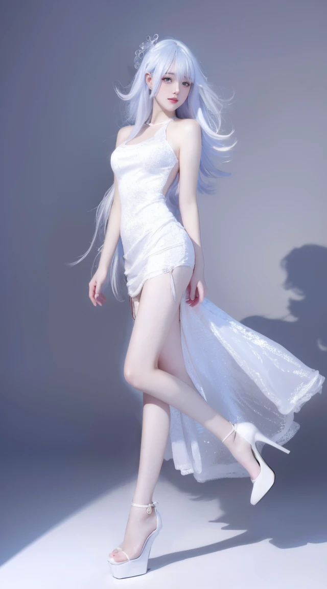 8K, Surreal, masterpiece, best quality, Very detailed, high resolution, Random Background, 1 girl, (:1.5), Yao Liu, White Dress,Colored hair,translucent,whole body,High heel透明婚纱,High heel,whole body,Colorful