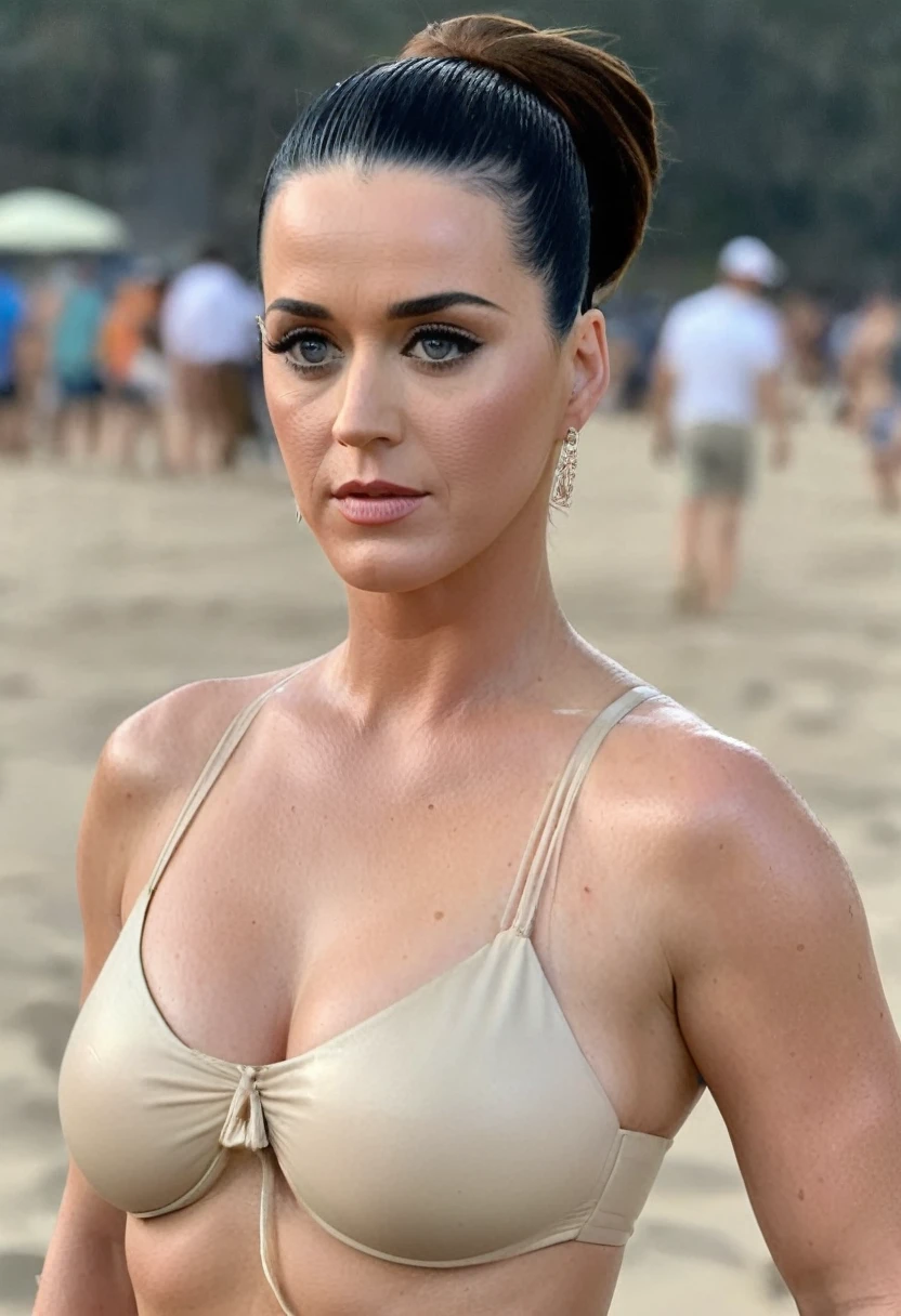  (high quality  Erotic portrait celebrity  photograph )   (KatyPerry, is naked, on a vacation beach , pale white skin tone ,(katy perry woman, long brown hair, long brown hair pulled back, hair bun ) photorealistic )  , vacation side ,celebrity erotic photograph , nude, topless, oily skin ,tall figure , fit muscular figure , exhausted look, , wet, shiny sweaty skin  , celebrity, female,  woman, hollywood actress,  fleshy muscular woman  , ( perfect anatomy ,natural lights, depth of field, insanely detailed skin texture, hyper detailed features, hyper photorealistic texture  )