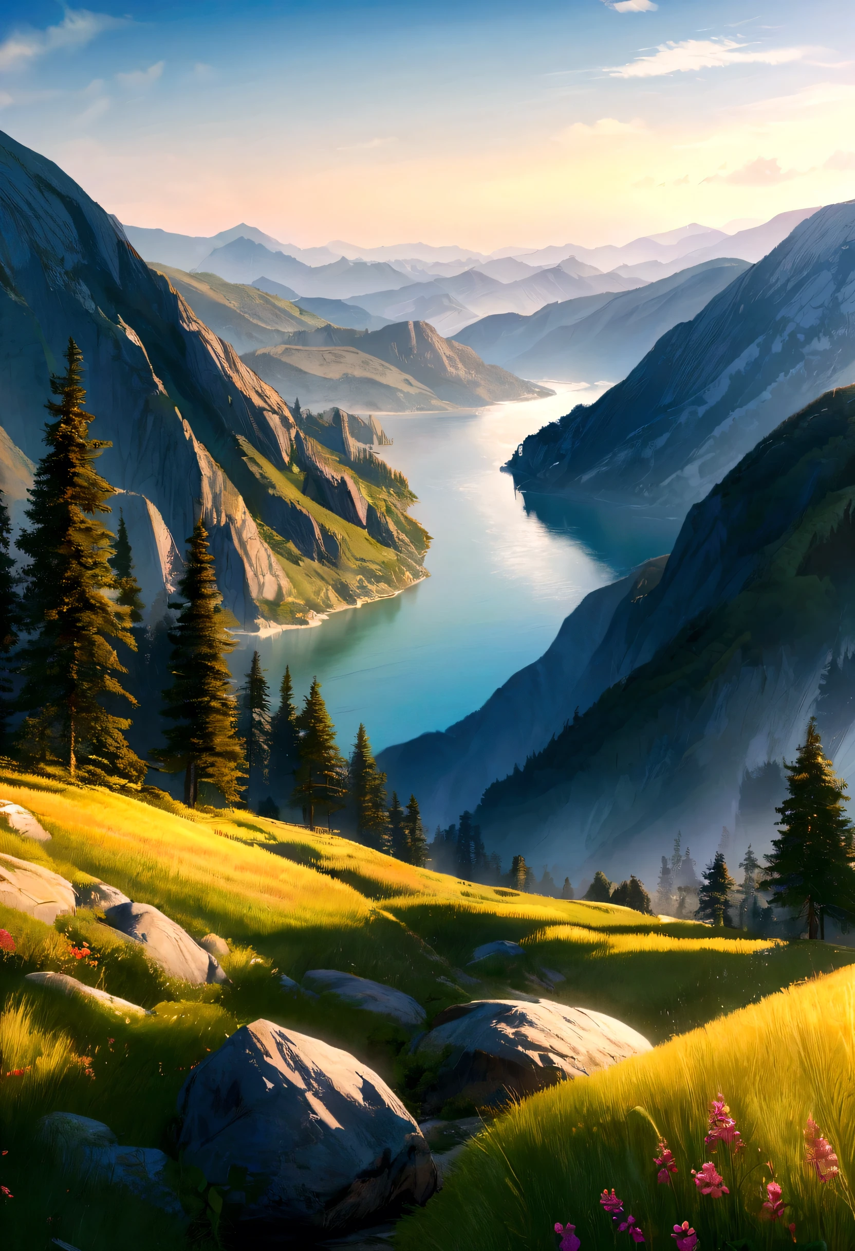 Illustrate a serene peaceful nature scene in summer is scene inspires peace, awe, and tranquility. Vivid beautiful colors. photorealistic 8k, mountain, add 18 year old boy