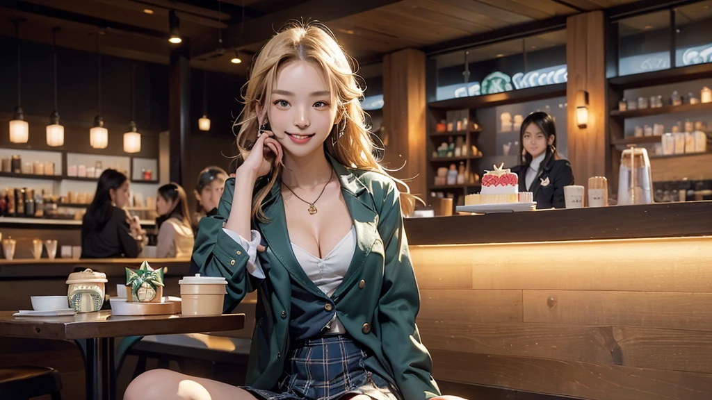 8K、RAW Photos、Highest quality、Super detailed、Super Resolution、Ultra HD、8K壁紙、Amazing details
(((night,真night中))),((Perfect Anatomy:1.2,Realistic:1.3,RAW Photos:1.3,masterpiece、Highest quality、Ultra - High resolution、High resolution、Highly detailed CG、8K)),Cowboy Shot,((attractive way to sit)),1 female,alone,18-year-old、High school girl beautiful girl,Japanese,((Beautiful and graceful face and eyes:1.2,Big beautiful eyes:1.3,)),blonde,Long Hair,(Center parted hair:1.4,amount),Medium Chest,Slender body,Small Head:1.3,skinny,(Brown Skin:1.4),(Oily skin,Glowing Skin,Shiny skin,Sweat:niform、Dark blue blazer jacket、Checkered pleated mini skirt),Dirty back alley、Tokyo、((Turn your body forward))
(((((Inside the Starbucks store)))))、のFemale studentの女、((((Eat cake、Drink coffee、smile))))、((Heart Necklace、Gold bracelet))((Young face))
(((((Stylish interior)))))、
(((Female student)))
((Emphasize cleavage))
((((Woman sitting at the window seat))))
