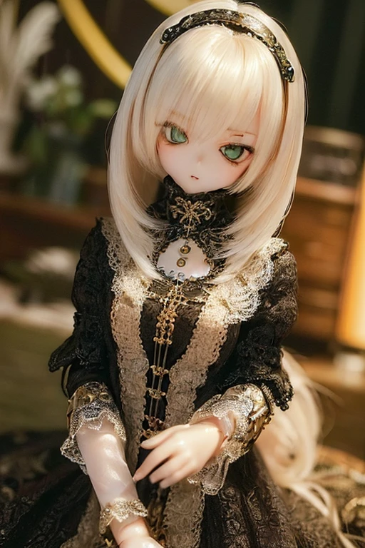 photorealistic, realistic photo, (sfw:2), ((highest quality)), ((masterpiece)), (extremely detailed), kukolnydom, doll, (mature woman:1.6), cowboy shot, solo, (skinny, slender, dress), green eyes, almond eyes, hairband, light smile, (model pose, looking away, blank eyes, empty eyes, detailed eyes:1.3), museum, 8k