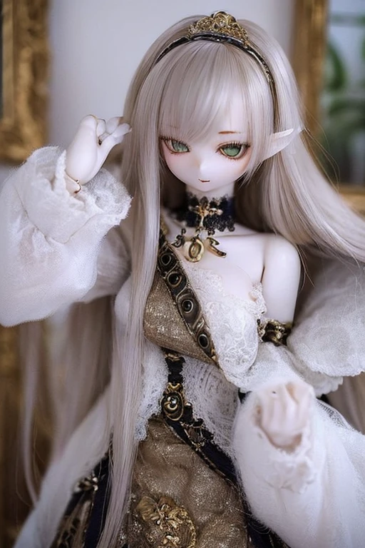 photorealistic, realistic photo, (sfw:2), ((highest quality)), ((masterpiece)), (extremely detailed), kukolnydom, doll, (mature woman:1.6), cowboy shot, solo, (skinny, slender), green eyes, almond eyes, hairband, light smile, (model pose, looking away, blank eyes, empty eyes, detailed eyes:1.3), dress, museum, 8k