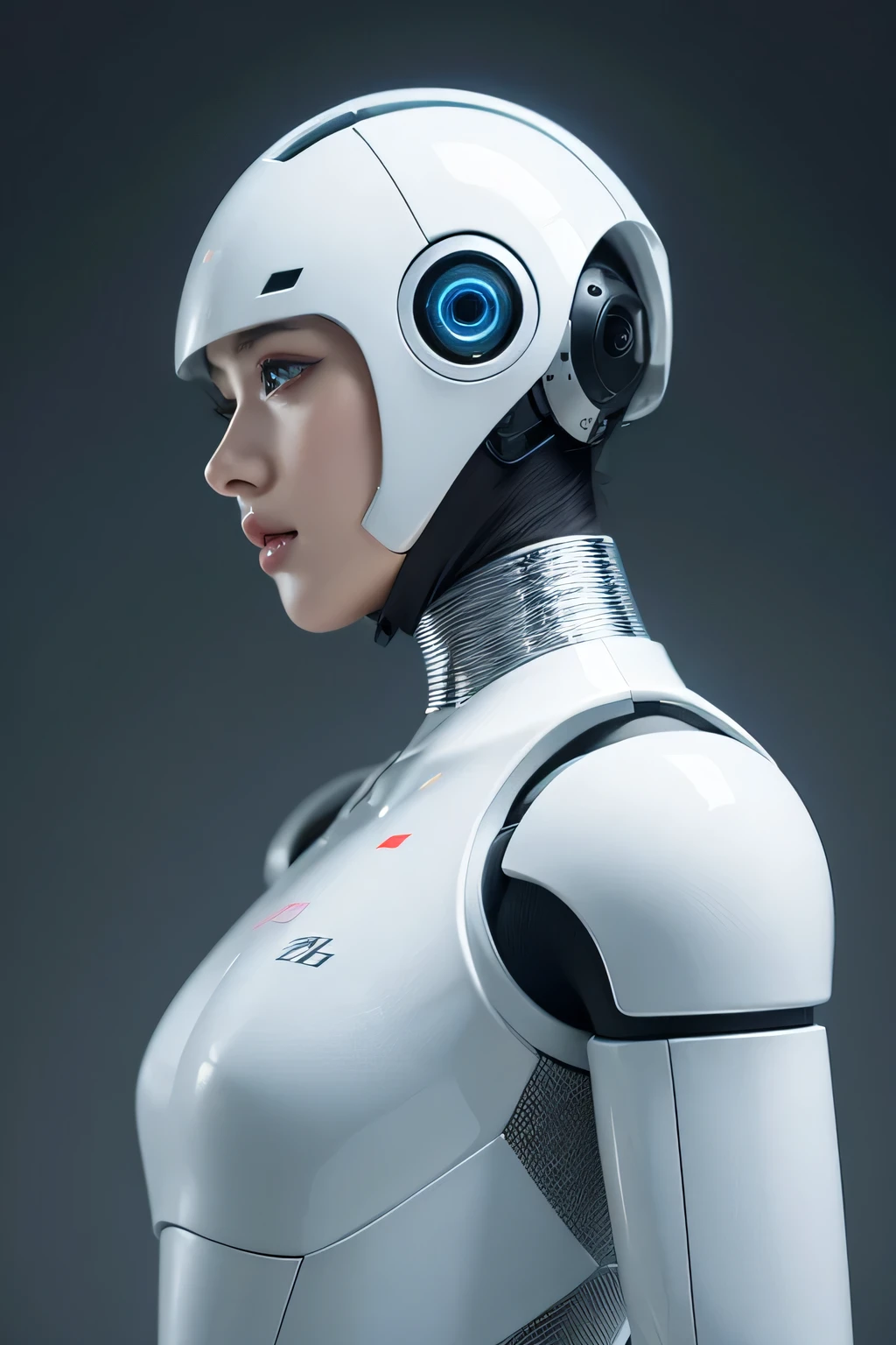 create a humanized android, with white costume, robotic eyes, Profile. blank background.