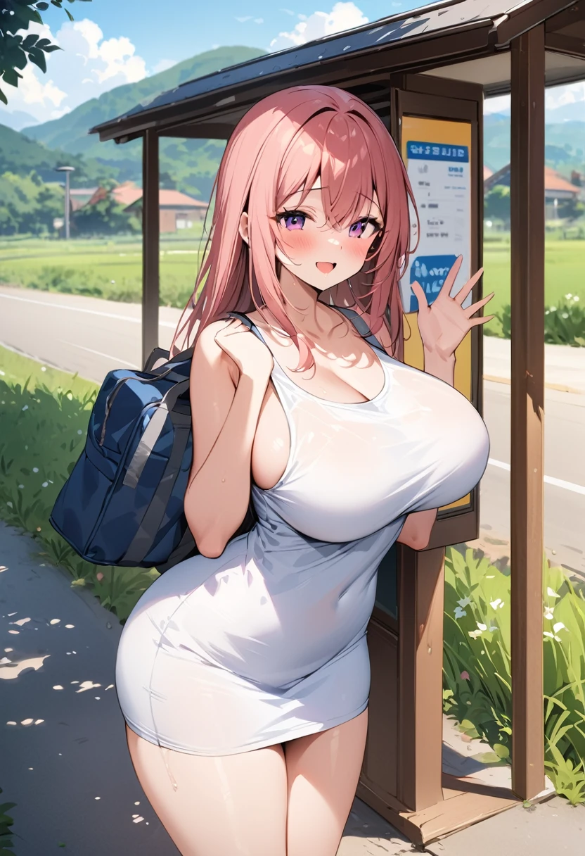 masterpiece、Highest quality、Best image quality、High resolution、Big Breasts、Wearing a tank top、Bus stop in the countryside、Waving