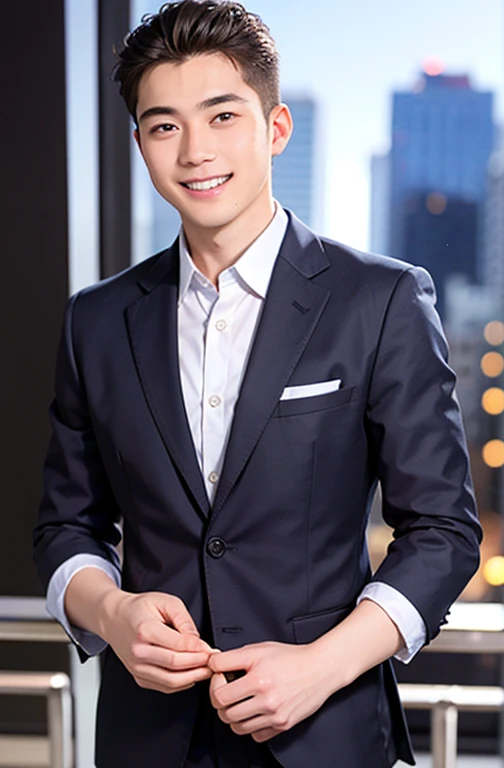 Male in his early 20s,alone, Natural smile with visible teeth, office, business suit , Guide the side with your palm, View your viewers,