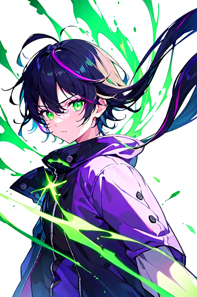 [(WHITE BACKGROUND:1.5),::5], ((((masterpiece)))), high quality, ultra very high resolution, full color, (((solo))), ((little boy)), black hair, ((purple streaked hair)), (green eyes), anime, ((upper body)), neon light, black parka, (green flame effect:1.2)