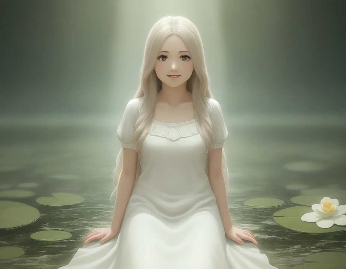 White girl, Cute Smile, whole bodyは二頭身,Little,Small person,ギリシャ神話のgoddess,Real Illustration,came out of the lake(whole body) ,Realistic Shadows, Sparkling eyes, Detailed skin, Slightly sparkling brown eyes, Pose for a photo,long golden straight hair, , Very detailed, Very detailedな 8K の顔, perfect face shape, perfect full lip, Perfect Nose, beautiful and correct eyes, Obedient, goddess: 3.45, Tabletop, Highest quality, single, alone, (高度なLittle)、(((On the lake)))、((pure white long dress with no decorations))、front、(she has a simple gold ax.)、 information