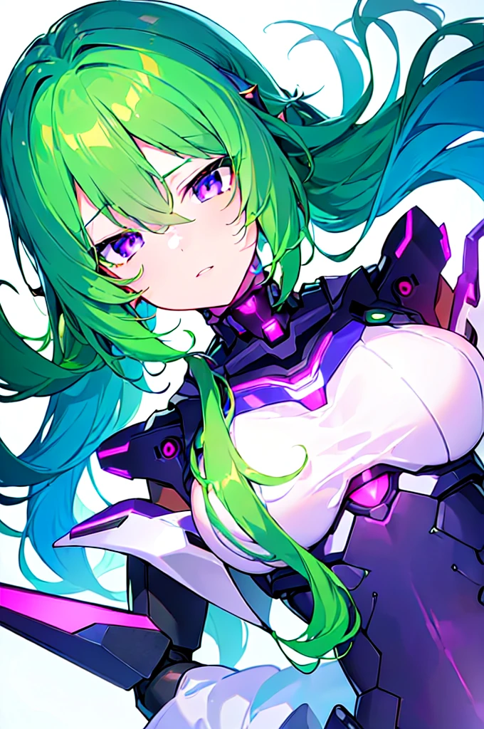 [(WHITE BACKGROUND:1.5),::5], ((((masterpiece)))), high quality, ultra very high resolution, full color, (((solo))), ((Mecha musume)), Mecha girl, ((Green hair)), (Purple eyes), anime, upper body, neon light, cyborg body, (Purple neon effect:1.2)