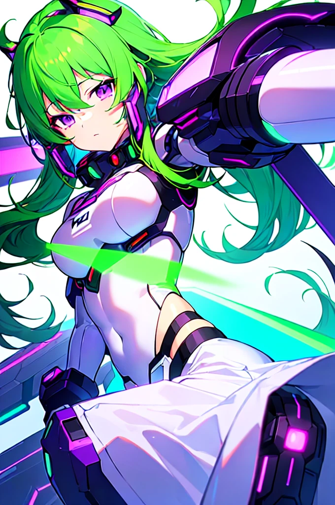 [(WHITE BACKGROUND:1.5),::5], ((((masterpiece)))), high quality, ultra very high resolution, full color, (((solo))), ((Mecha musume)), Mecha girl, ((Green hair)), (Purple eyes), anime, upper body, neon light, cyborg body, (Purple neon effect:1.2)