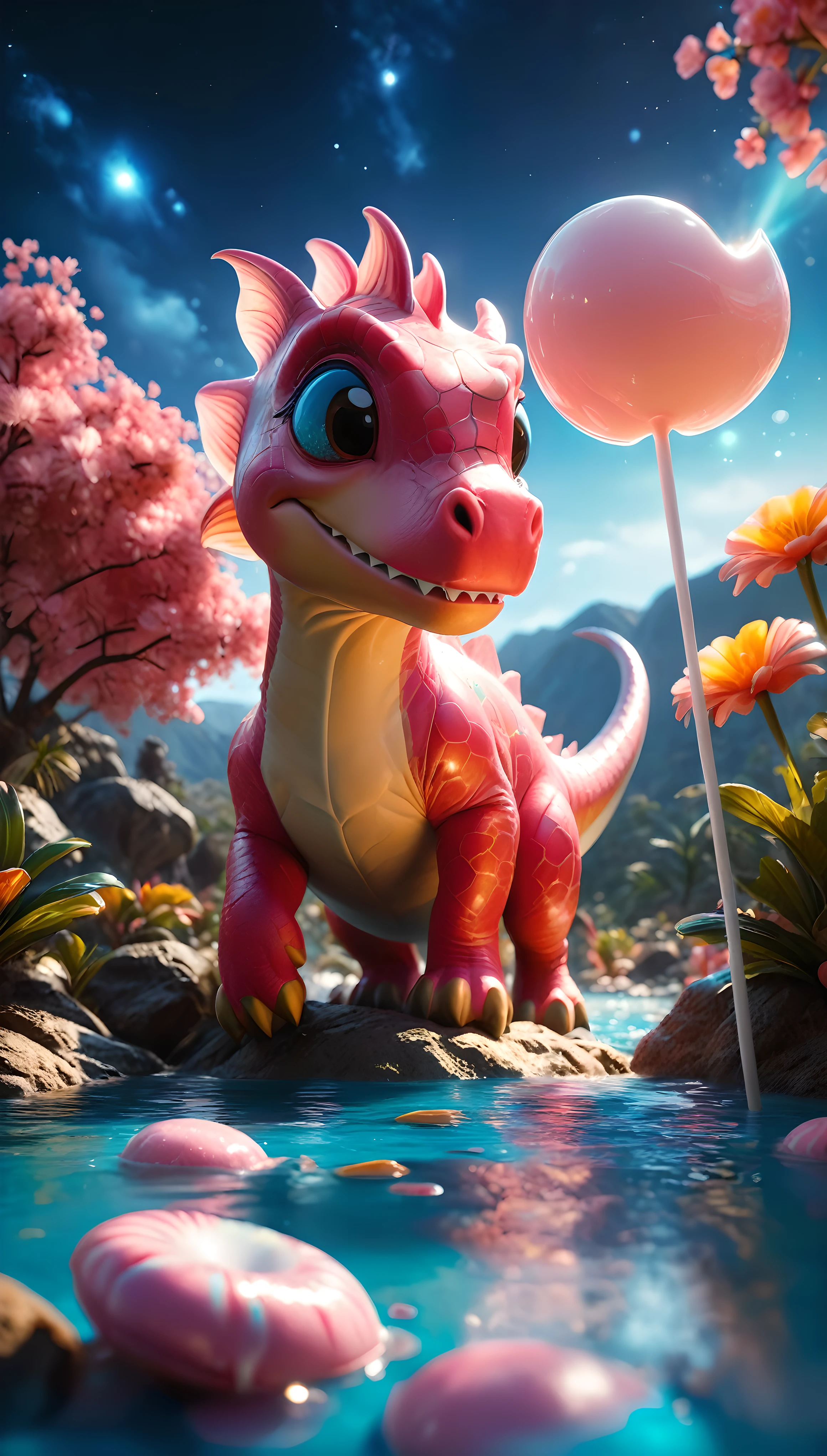 ((Masterpiece in maximum 16K resolution):1.6),((soft_color_photograpy:)1.5), ((Ultra-Detailed):1.4),((Movie-like still images and dynamic angles):1.3), ((Ultra wide angle):1.5),((fisheye lens photo):1.3). | (Close up photo of a Cute Pink Dinosaur in a Candyland), (Cute Pink Dinosaur), (Lollipop trees), (cotton candy vegetations), ((caramel milk ponds):1.1), ((tyndall effect):1.1), ((exotic night sky):1.2), ((sense of bliss):1.1), (shimmer), (visual experience), (Realism), (Realistic), award-winning graphics, dark shot, film grain, extremely detailed, Digital Art, rtx, Unreal Engine, scene concept anti glare effect, All captured with sharp focus.
Rendered in ultra-high definition with UHD and retina quality, this masterpiece ensures super detail. With a focus on high quality and accuracy, this award-winning portrayal captures every nuance in stunning 16k resolution, immersing viewers in its lifelike depiction.
((perfect_composition, perfect_design, perfect_layout, perfect_detail, ultra_detailed)), ((enhance_all, fix_everything)), More Detail, Enhance.