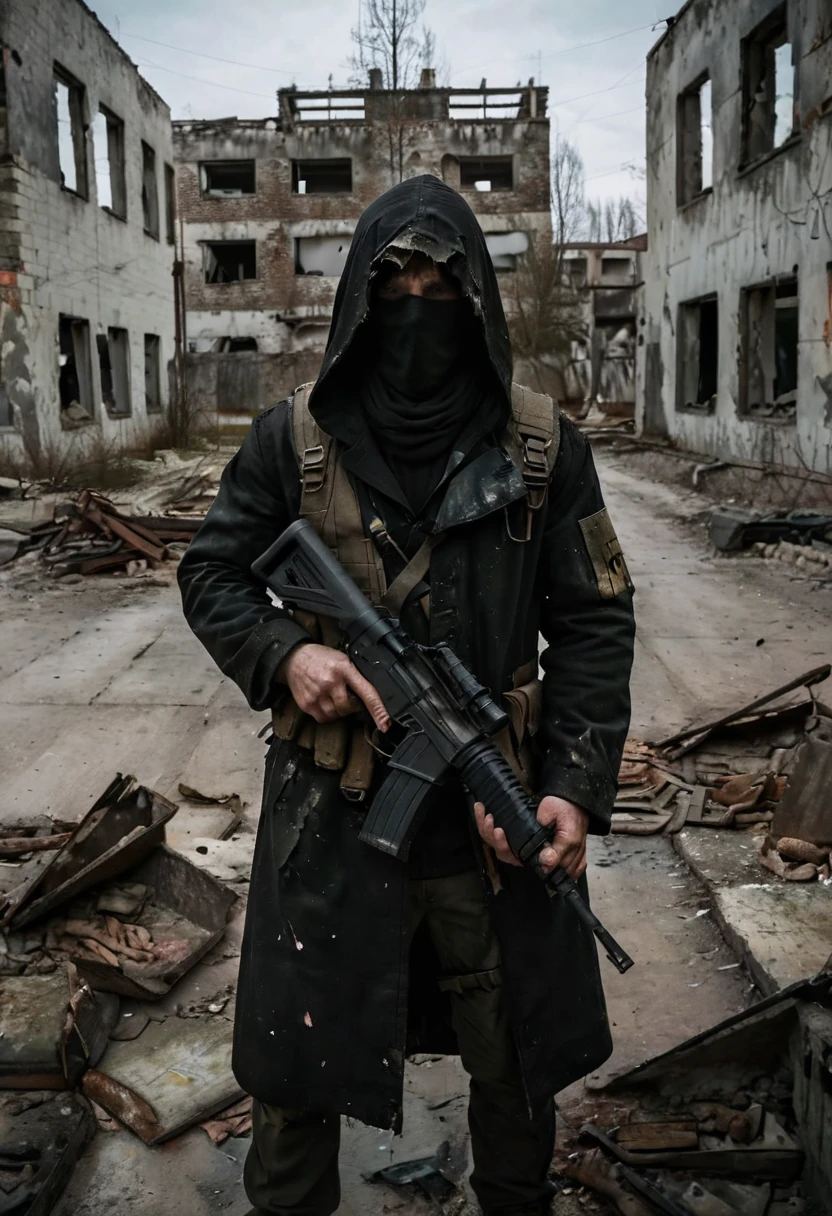 Hooded man, you can’t see his face. He wears a long black coat with a hood that hides his face, he wears a bullet vest and a military outfit. He is armed with an assault rifle. The environment around him is dilapidated and in ruins. The man wears an assault rifle and his face is not visible. [Ruin] [Concealed face] [Hooded] [Armed] [Assault rifle] [Man]