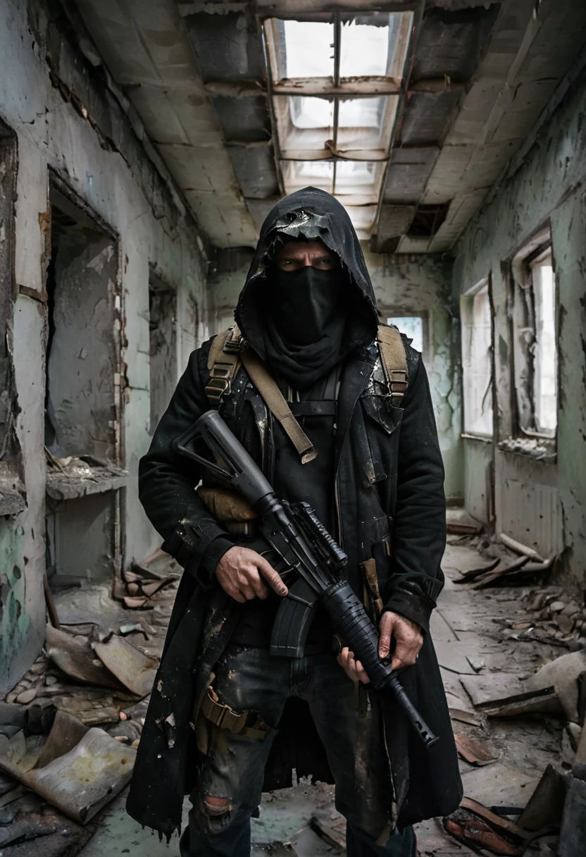 Hooded man, you can’t see his face. He wears a long black coat with a hood that hides his face, he wears a bullet vest and a military outfit. He is armed with an assault rifle. The environment around him is dilapidated and in ruins. The man wears an assault rifle and his face is not visible. [Ruin] [Concealed face] [Hooded] [Armed] [Assault rifle] [Man]