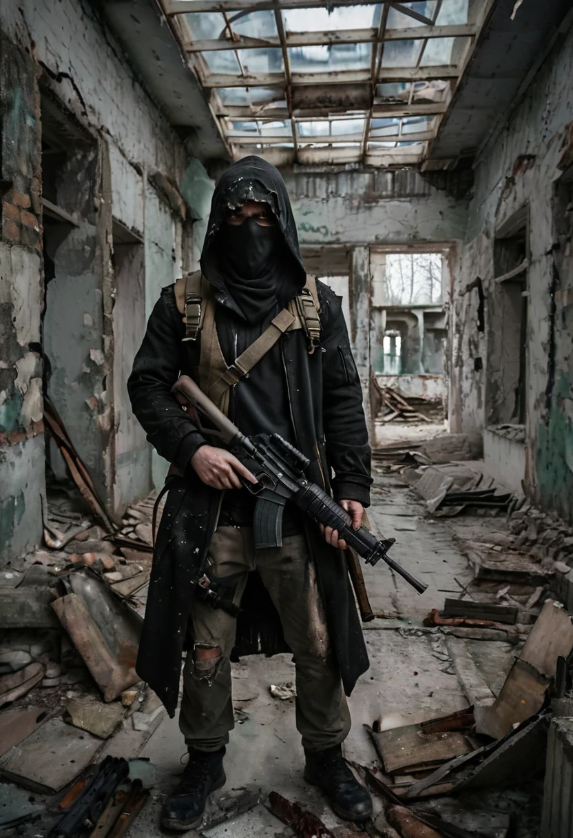 Hooded man, you can’t see his face. He wears a long black coat with a hood that hides his face, he wears a bullet vest and a military outfit. He is armed with an assault rifle. The environment around him is dilapidated and in ruins. The man wears an assault rifle and his face is not visible. [Ruin] [Concealed face] [Hooded] [Armed] [Assault rifle] [Man]