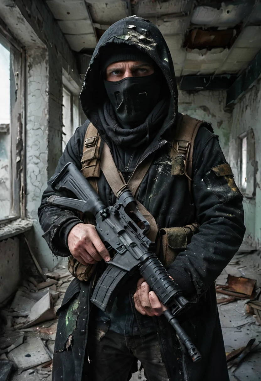 Hooded man, you can’t see his face. He wears a long black coat with a hood that hides his face, he wears a bullet vest and a military outfit. He is armed with an assault rifle. The environment around him is dilapidated and in ruins. The man wears an assault rifle and his face is not visible. [Ruin] [Concealed face] [Hooded] [Armed] [Assault rifle] [Man]