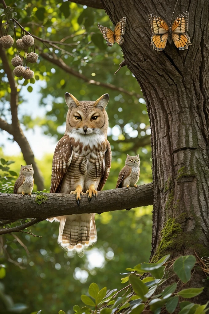 Learning Adventures: Illustrate Fluffy engaging with each animal, depicting scenes such as:

Fluffy sitting attentively under the stars with the wise Owl.Fluffy climbing a tree with the squirrel, surrounded by falling acorns.Fluffy giggling while playing hide-and-seek with the fox and a butterfly.